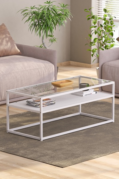 TOLIAHOME Modern Beyaz Renk Metal İskeletli Temper Camlı 2 Katlı Dikdörtgen O...
