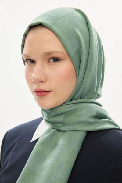 hijabchi Εισαγόμενο μεταξένιο σάλι ζακάρ σκακιέρας - Çağla Yeşil