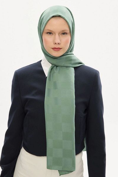 hijabchi Εισαγόμενο μεταξένιο σάλι ζακάρ σκακιέρας - Çağla Yeşil
