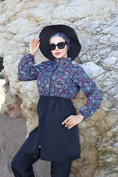 new ats Etnik Desenli Belden Ayarlanabilir Lastikli 3 'lü Tesettür Mayo