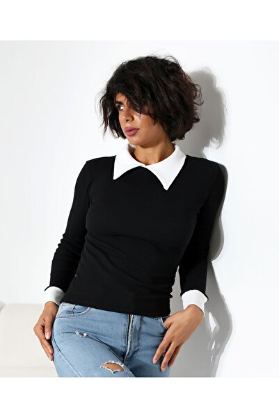 VİZYON Kadın Gömlek Yaka Kaşkorse Body Standart Beden S-m-l Uyumlu Siyah Renk