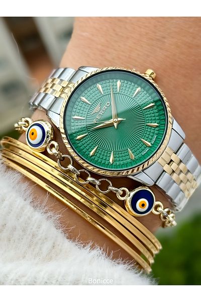 FERRO Brand Silver Yellow Color Steel Band,Green Dial Women's Wristwatch+Bracelet