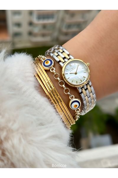 FERRO Brand Yellow Silver Color Steel Band, White Dial Mini Case Women Wristwatch+Bracelet