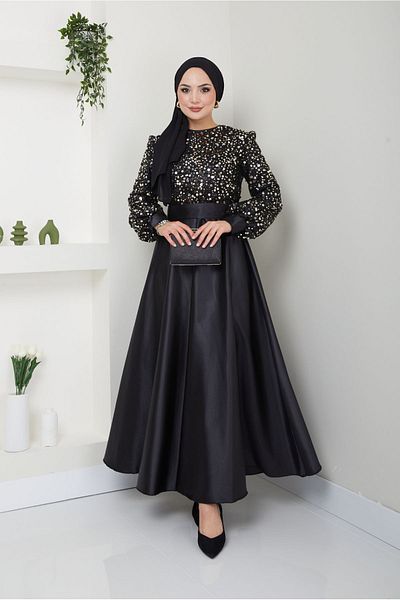 Ayşe Melek Satin Evening Dress 2537 Gold - Women's Clothing, Sequin Detailed Fashion Evening Dress