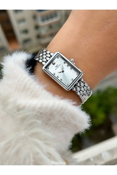 FERRO Brand Silver Color Steel Band, White Dial Rectangular Case Women's Wristwatch+Bracelet