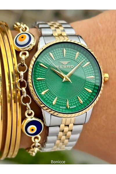 FERRO Brand Silver Yellow Color Steel Band,Green Dial Women's Wristwatch+Bracelet