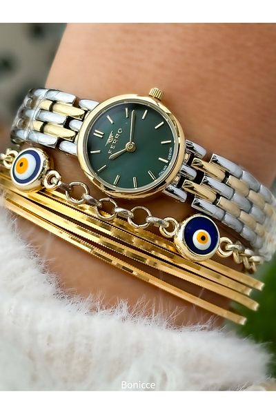 FERRO Brand Yellow Color Steel Band,Green Dial Mini Case Women Wristwatch+Bracelet