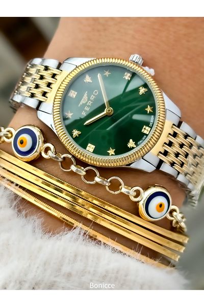 FERRO Women's Green Dial Wrist Watch and Bracelet with Yellow Color Steel Band - Butterfly and Star Pattern