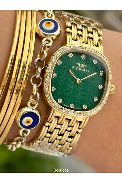 FERRO Brand Steel Band, Yellow Color, Green Dial Women's Wrist Watch + Evil Eye Beaded Bracelet