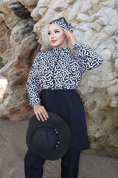 new ats Nur Patterned 3-Piece Hijab Swimsuit with Adjustable Elastic Waist