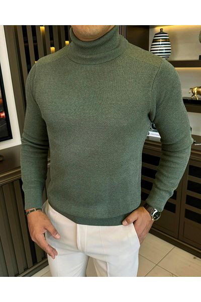 TerziAdemAltun Italian Style Slim Fit Turtleneck Knitwear Male Sweater Khaki T13223