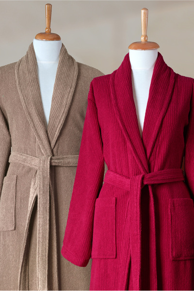 Ellaline 6 Piece Striped Bathrobe Set 100% Cotton Certified Family Towel Bathrobe Set Dowry Set Burgundy Brown