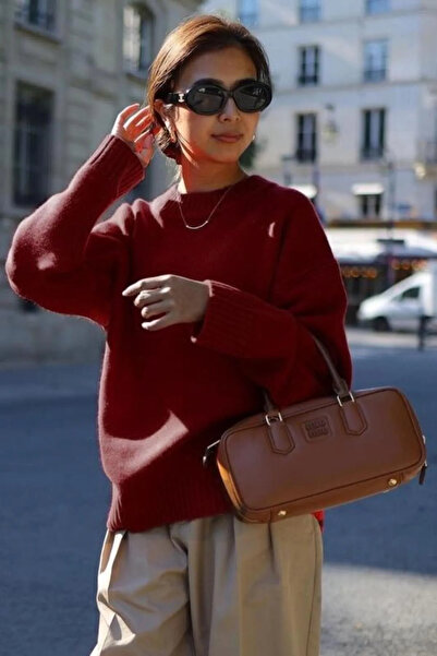DTBUTİK Γυναικείο πουλόβερ Claret Red Crew Neck Oversize Πλεκτό