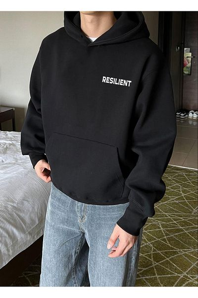 DEEPSENCE Unisex Μαύρη κουκούλα Oversize Φούτερ με ελαστικό σχέδιο