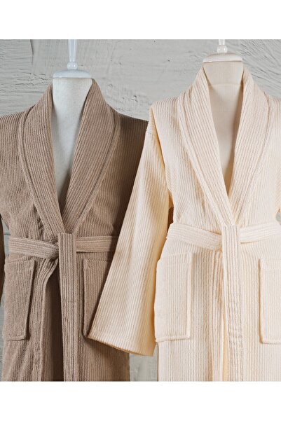 Ellaline 6 Parça Çizgili Bornoz Seti %100 Pamuk Sertifikalı, Şalyaka Aile Çeyizlik Bornoz Takımı Kahve Krem