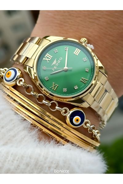 FERRO Brand Steel Band, Yellow Color, Green Dial Women's Wrist Watch + Evil Eye Beaded Bracelet