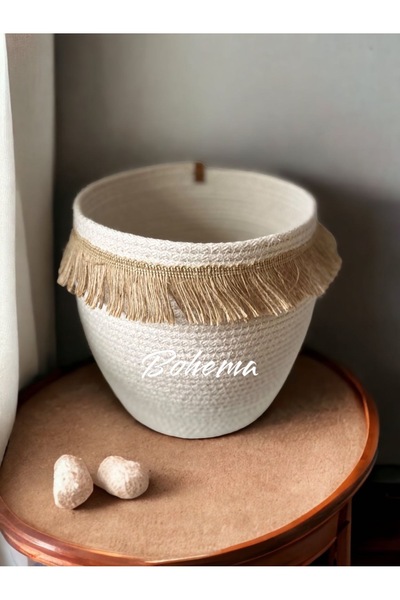 Bohemahomedecor Ecru-White Organizer Basket - Flower Pot and Jute Wicker Gift