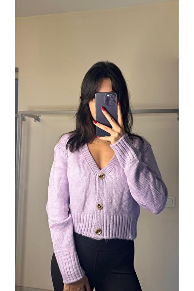 orjinal blue b Women's V-Neck Knitted Crop Cardigan Color Lilac