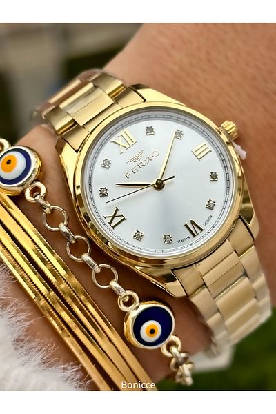 FERRO Brand Steel Band, Yellow Color, White Dial Women's Wrist Watch + Evil Eye Beaded Bracelet