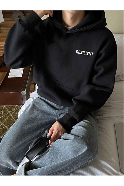 DEEPSENCE Unisex Μαύρη κουκούλα Oversize Φούτερ με ελαστικό σχέδιο