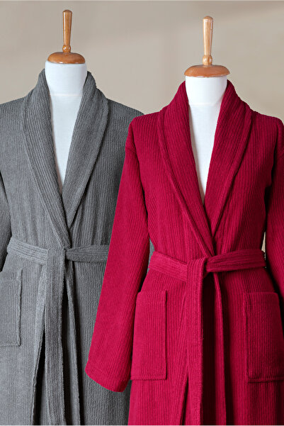 Ellaline Σετ μπουρνούζι 6 τεμαχίων ριγέ 100% βαμβάκι Πιστοποιημένο οικογενειακό σετ μπουρνούζι πετσετών Σετ προίκας Γκρι - Claret Red