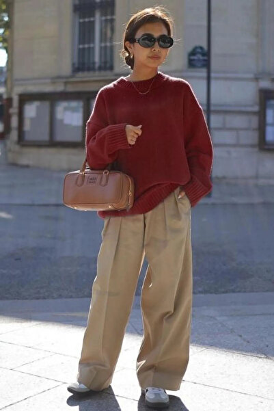 DTBUTİK Γυναικείο πουλόβερ Claret Red Crew Neck Oversize Πλεκτό