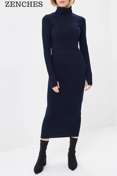 ZENCHES Приталена бавовняна сукня-олівець з водолазкою довжиною міді