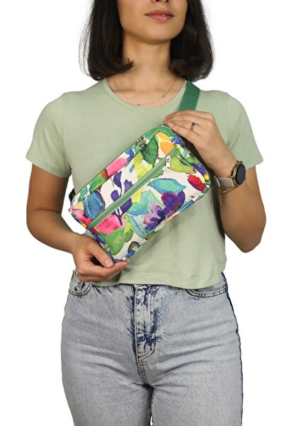 BUSRAKAZANCDESİGN Yeşil Çiçekli Kadın Bel Ve Çapraz Omuz Çanta, Free Bag, Göğ...
