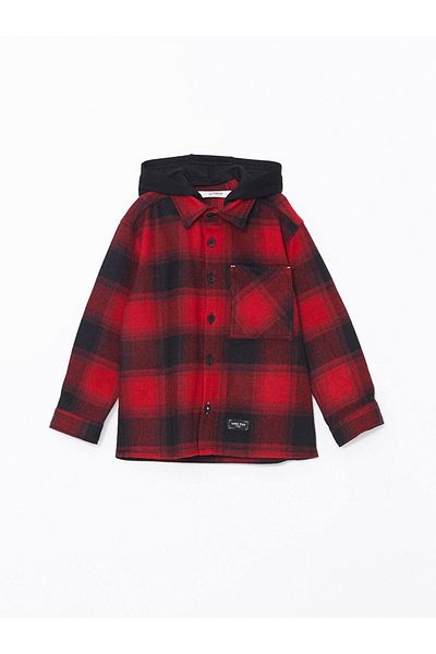 LC Waikiki Kids Red Hooded Plaid Boy's Shirt Jacket