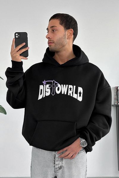 HAFKAGİYİM Черен суитшърт с бродерия Distoworld HAFKA PREMIUM и 3 нишки, голям размер