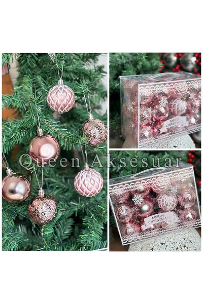 QUEEN AKSESUAR Christmas Ball Set of 24 - Pine Tree and Tree Ornament Decoration with Bright Pink Bag