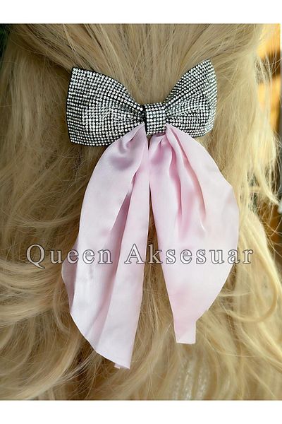QUEEN AKSESUAR Pink Satin Scarf - Imported French Automatic Buckle with Crystal Stone Finish and Bow