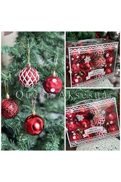 QUEEN AKSESUAR Набір з 24 новорічних кульок - ялинка та прикраси, яскраво-чер...