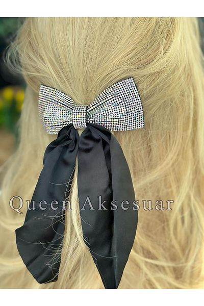 QUEEN AKSESUAR French Imported Automatic Buckle - Crystal Stone Black Satin with Scarf and Bow Detail