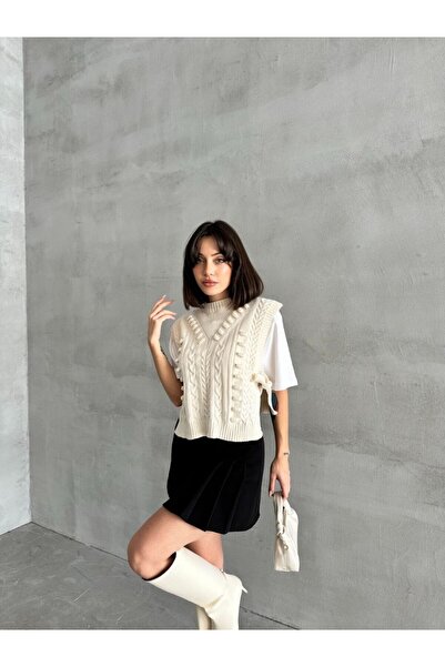 DTBUTİK Yandan Bağlamalı Saç Örgü Kadın Süveter