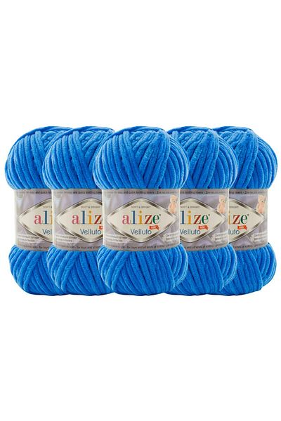 Alize 141 Saks Blue Velluto Velvet Hand Knitted Pack of 5