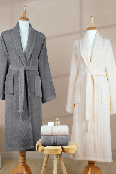 Ellaline Σετ μπουρνούζι 4 τεμαχίων ριγέ 100% βαμβάκι Πιστοποιημένο οικογενειακό σετ μπουρνούζι πετσετών Σετ προίκας Γκρι κρέμα