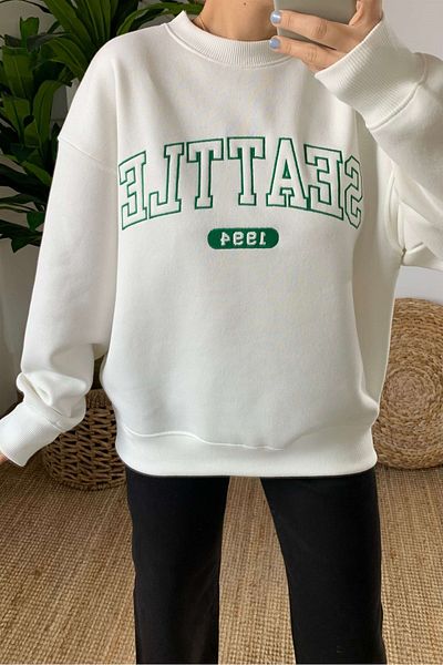 Giyyin Women's Ecru Oversize Winter Thick Sweatshirt Seattle Embroidered