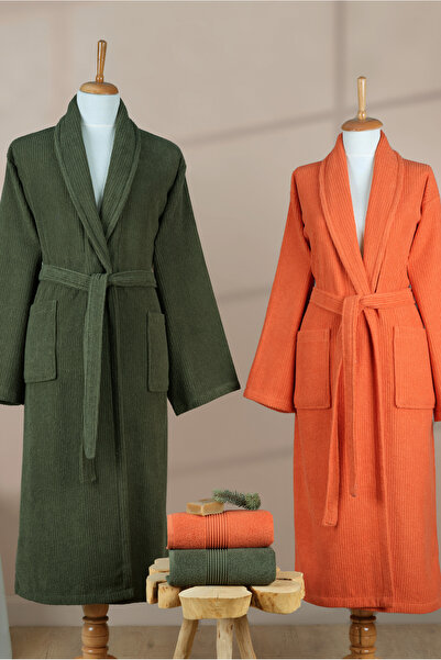 Ellaline 4-Piece Striped Bathrobe Set 100% Cotton Certified, Shawls Tile Orange Green Family Bathroom Set