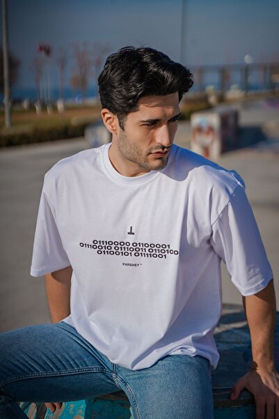 PARSHEY %100 Pamuk Binary Dilinde Siyah Yazılı Yarım Kollu Bisiklet Yaka Beya...