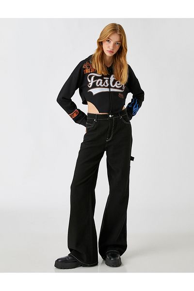 Koton Crop Sweatshirt Zippered Printed Fleece Inside