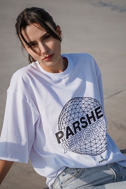 PARSHEY Dünya Desenli Beyaz Unisex %100 Pamuk Bisiklet Yaka Yarım Kollu Overs...