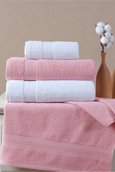 Ellaline Set of 4 Bath Towels - 100% Cotton, Diamond Pattern, Pink White, 50X80-70X130