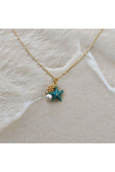 SAYILI COLLECTION Blue Starfish Gold Necklace with Pearl and Flower Detail