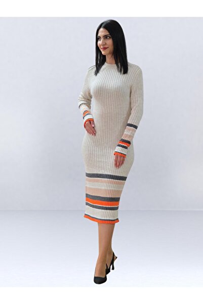 YusGos Fitted Cut Crew Neck Corded Fabric Midi Knitwear Dress