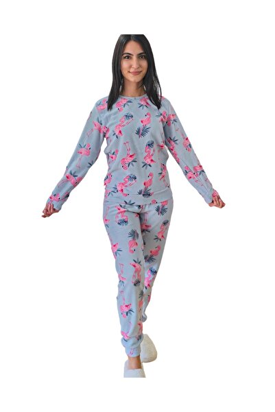 YusGos Women's Fleece Plush Pajamas Set with Flamingo Pattern (Green)