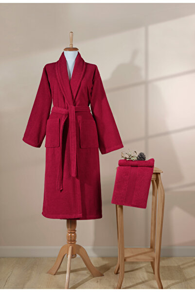 Ellaline Σετ ριγέ μπουρνούζι 100% βαμβακερό πιστοποιημένο 2 τεμαχίων, σετ μπουρνούζι και πετσέτα κεφαλιού Shalyaka Claret Red