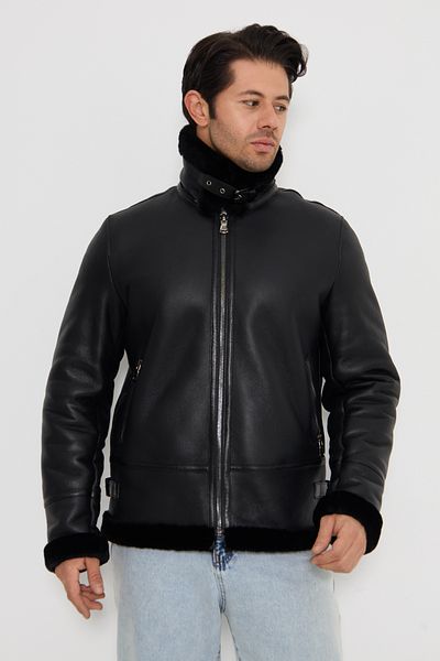 By Marki Marki Genuine Leather Black Pilot Coat with Hood and Detachable - 501122