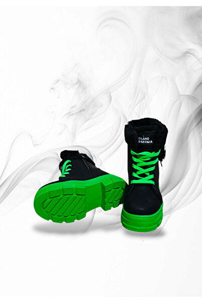 MODA İçi Yünlü,Figürlü,Bağcıklı,Fermuarlı,Kaydırmaz Taban,Hafif,Su Geçirmez,Kız Çocuk Siyah-Yeşil Bot