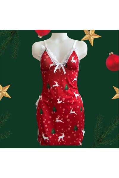 KUMSALDA İNCİ YILBAŞI TEMALI, KIRMIZI  DANTEL DETAYLI YIRTMAÇLI  GECELİK